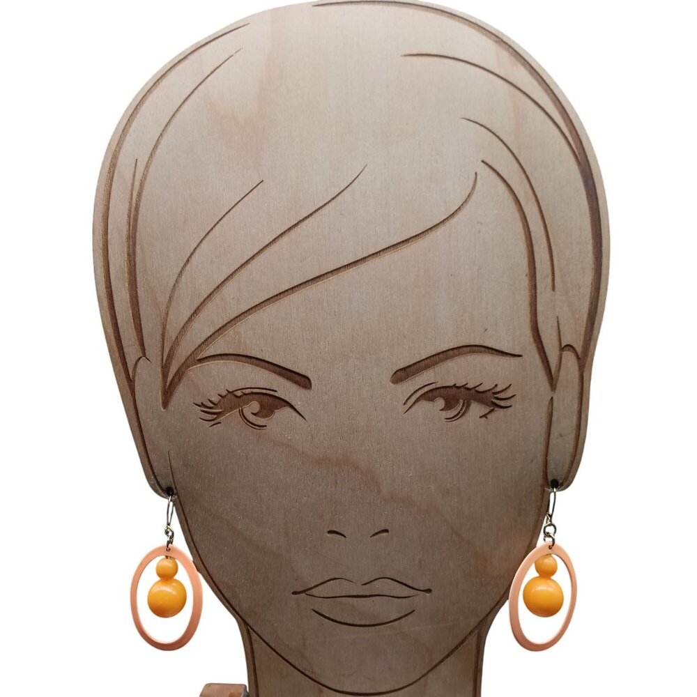 Vintage Orange Dangle Earrings with Oval Enamel Frame & Bead Accents - Picture 3 of 5